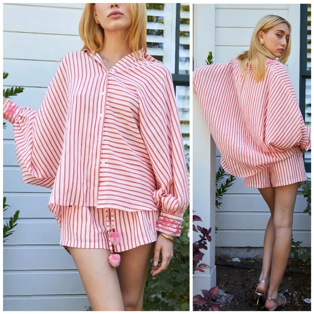 Just Bellina Embroidered Coral White Gold Striped Oversized Boho Button Up Top,